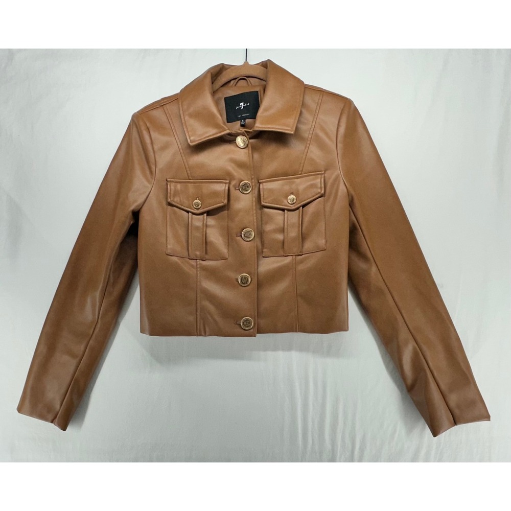 7 For All Mankind Cognac Faux Leather Cropped Jacket Gold Crest Buttons Small